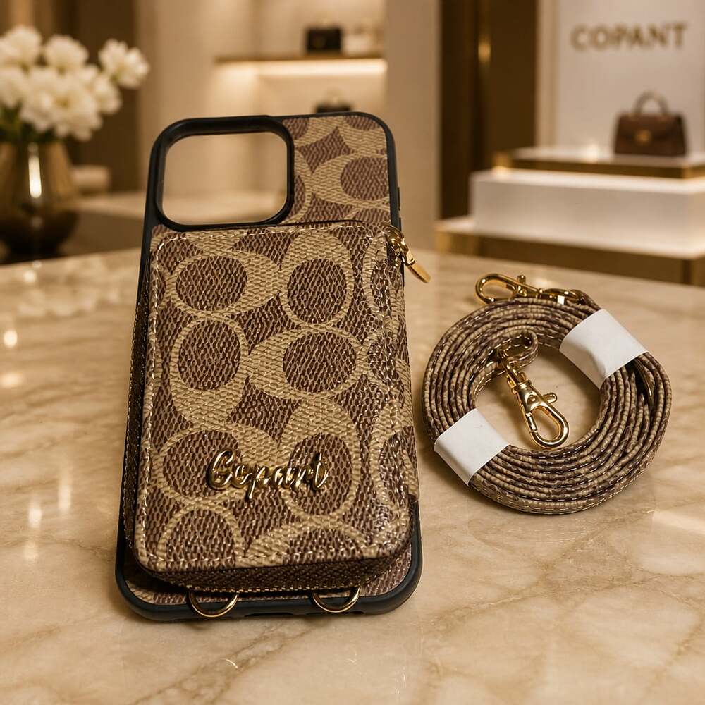 Monogram Brown Leather Zipper Wallet Card Holder Phone Case | iPhone 16 Pro Max